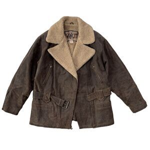 Vintage Winlit Distressed Leather Sherpa Lined Bomber Aviator Jacket Sz M Women